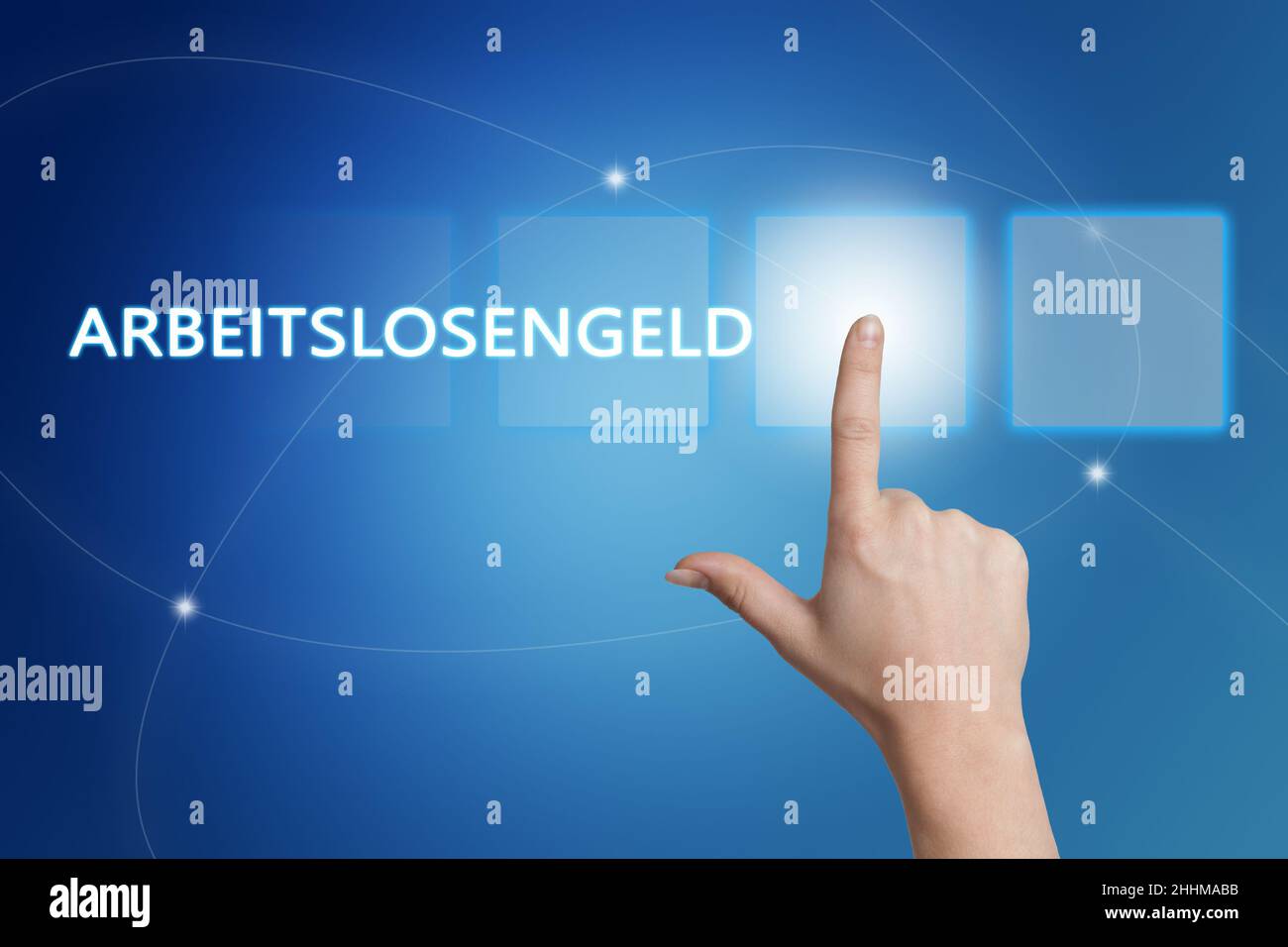 Arbeitslosengeld - parola tedesca per l'indennità di disoccupazione o dole money - pulsante mano su interfaccia con sfondo blu. Foto Stock