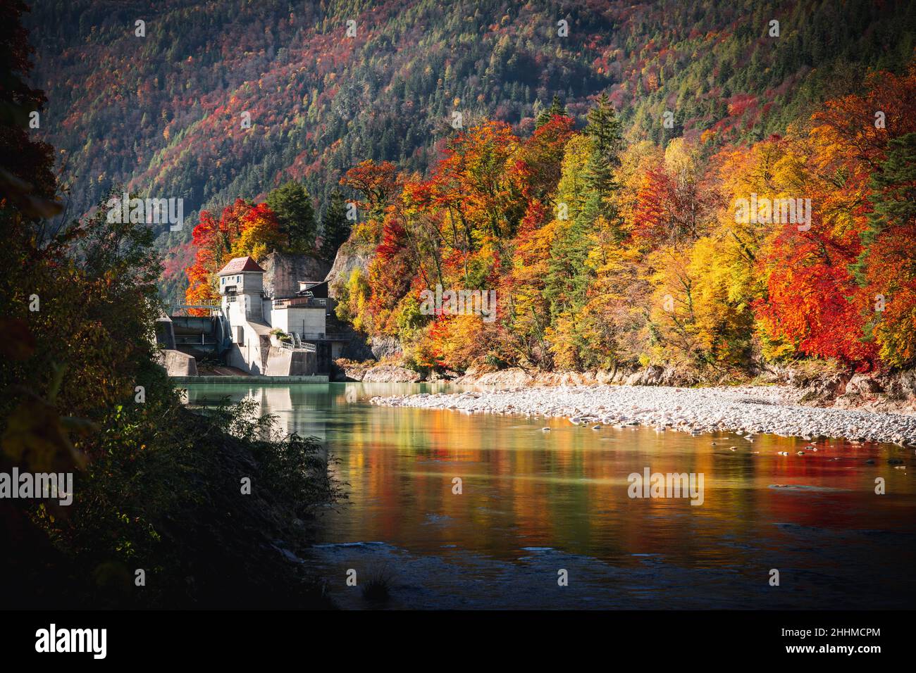 Herbst am Fluss Saalach Bad Reichenhall im Berchtesgadener Land Foto Stock