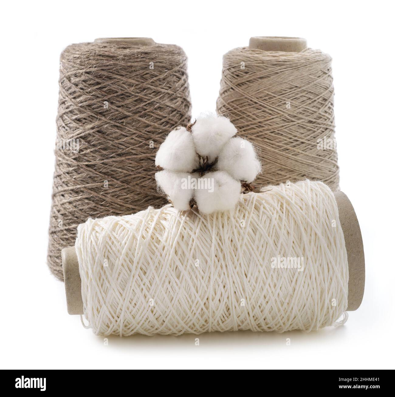 Rocche di filato con fiore di cotone isolato su fondo bianco. Foto Stock