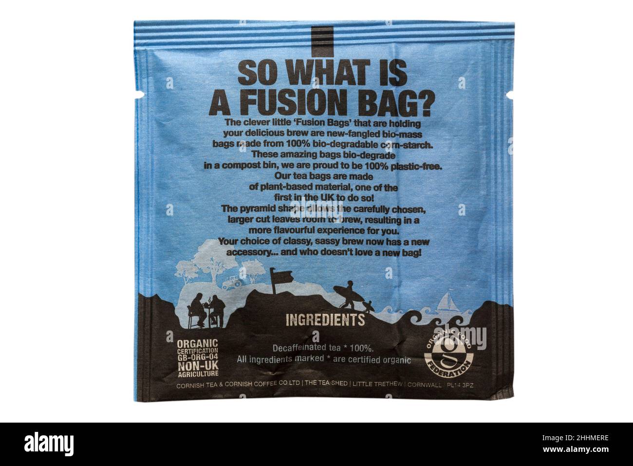 Informazioni sul retro del tè della Cornovaglia colazione Decaf bustina di tè - 100% plastica e fusione biologica biodegradabile prodotta in Cornovaglia Regno Unito Foto Stock