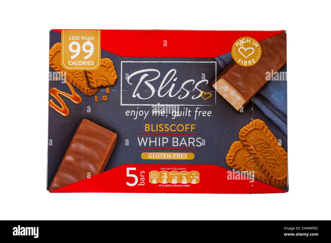 Scatola di Bliss Blisscoff barrette senza glutine Godimi senza colpa meno di 99 calorie isolate su sfondo bianco Foto Stock