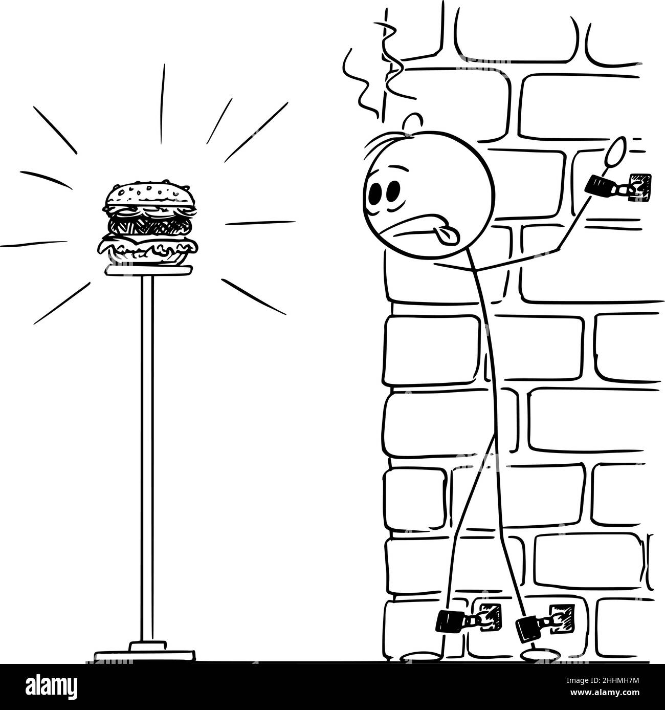 Chained persona che soffre la fame, guardando Burger, Vector Cartoon Stick Illustrazione Illustrazione Vettoriale