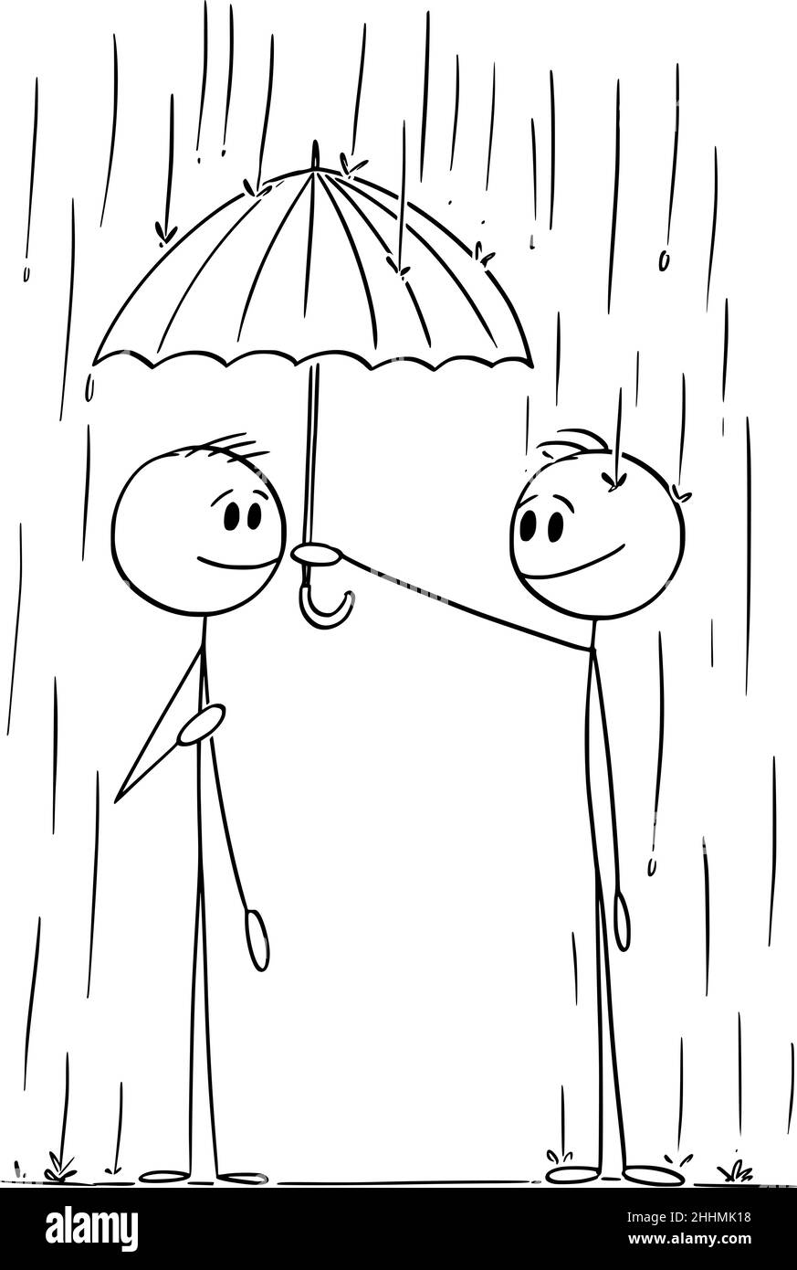 Persona che aiuta l'uomo sulla pioggia che offre il suo ombrello , illustrazione del bastone del vettore del cartoon Illustrazione Vettoriale