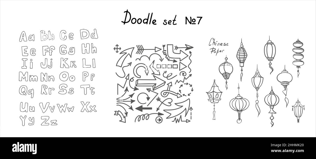 Frecce vettoriali di Doodle, insieme di lanterne di carta cinesi. Icone business disegnate a mano. Illustrazione di schizzo per la scuola, presentazione. Icone piatte orientali Illustrazione Vettoriale