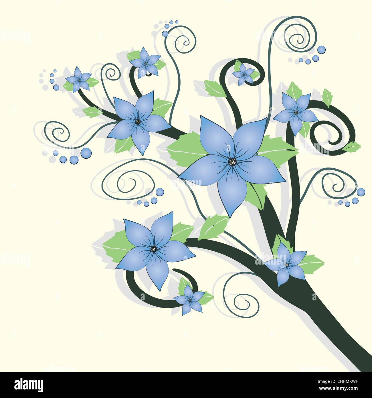 Un ramo decorativo con fiori blu e foglie verdi. Rami termina in spirali e ci sono piccoli cerchi. Sfondo giallo chiaro con una goccia grigia Illustrazione Vettoriale