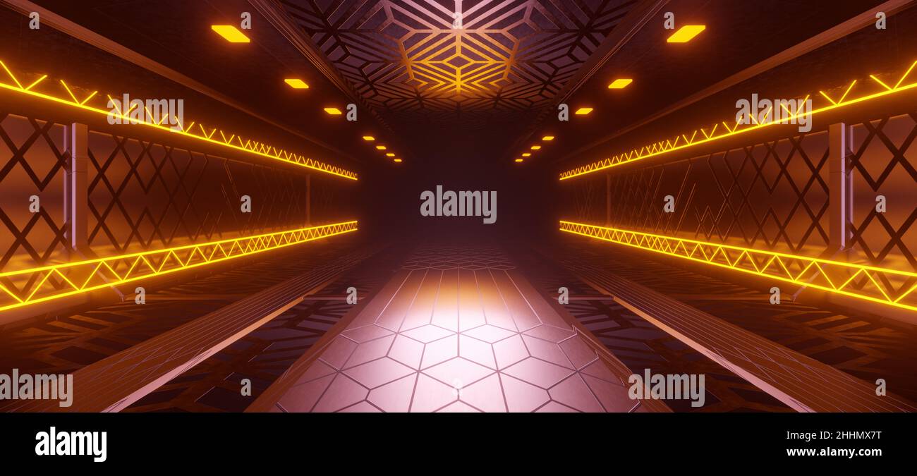 Galleria digitale computerizzata Hangar Club Hallway Night con Maroon Colors Digital Futurismo Concept 3D rendering Foto Stock