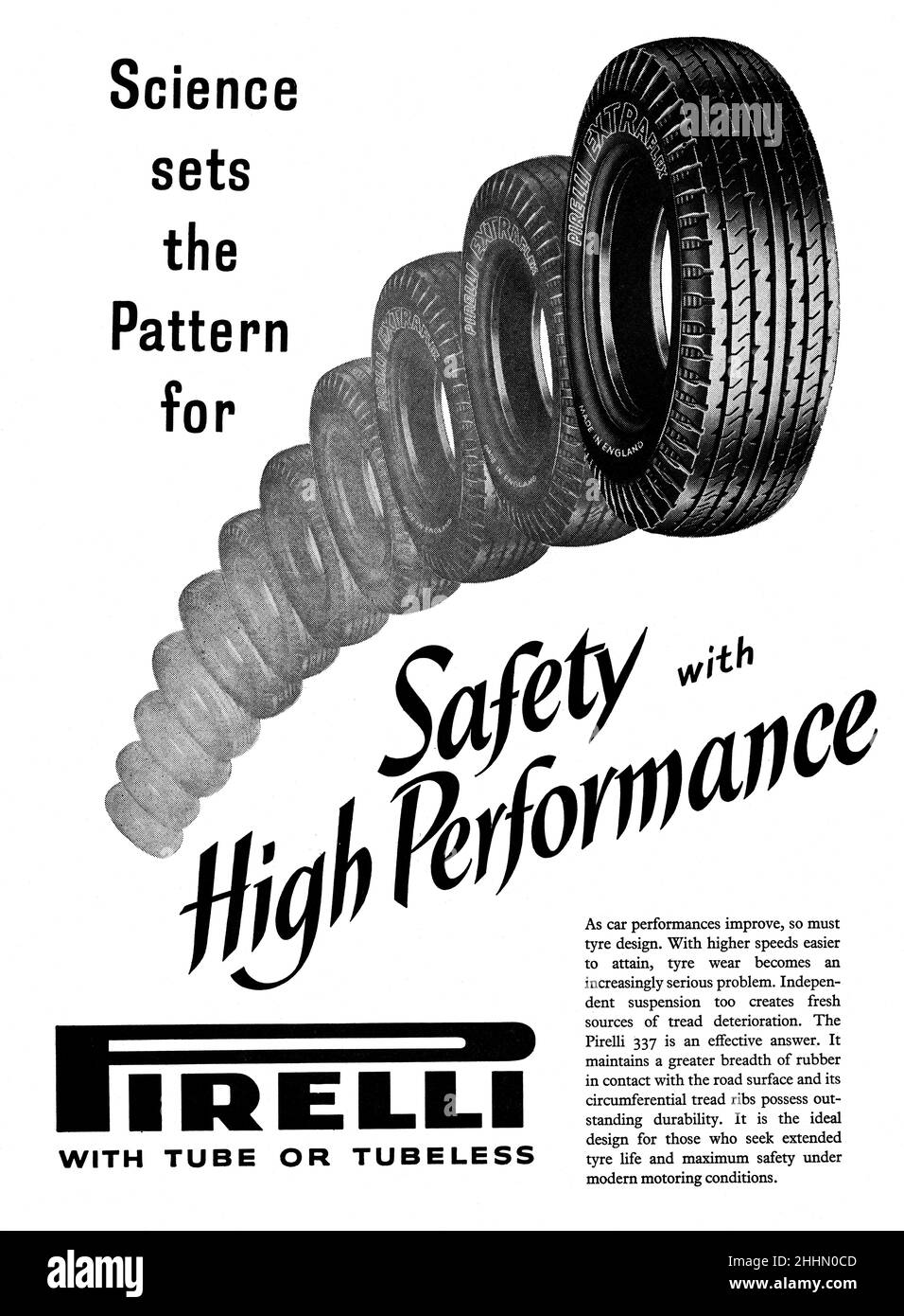 Un annuncio d'annata degli pneumatici Pirelli da Motor Sport Magazine Foto Stock
