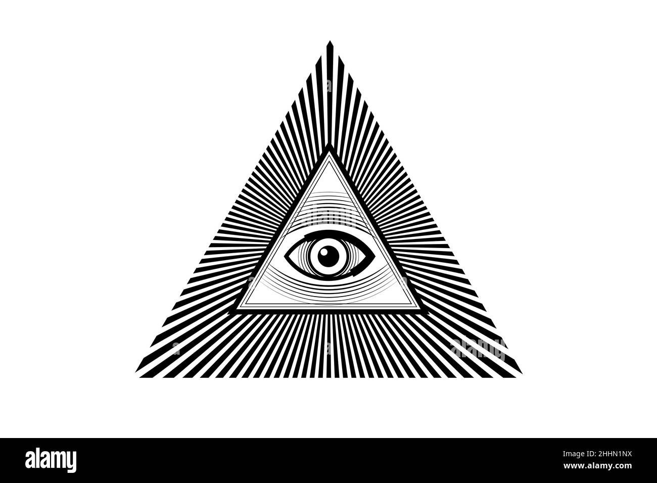 Sacro simbolo Masonico. Tutti gli occhi, il terzo occhio, l'occhio della Provvidenza, all'interno della piramide triangolare. Nuovo Ordine Mondiale. Icona nera alchimia, religione, Illustrazione Vettoriale