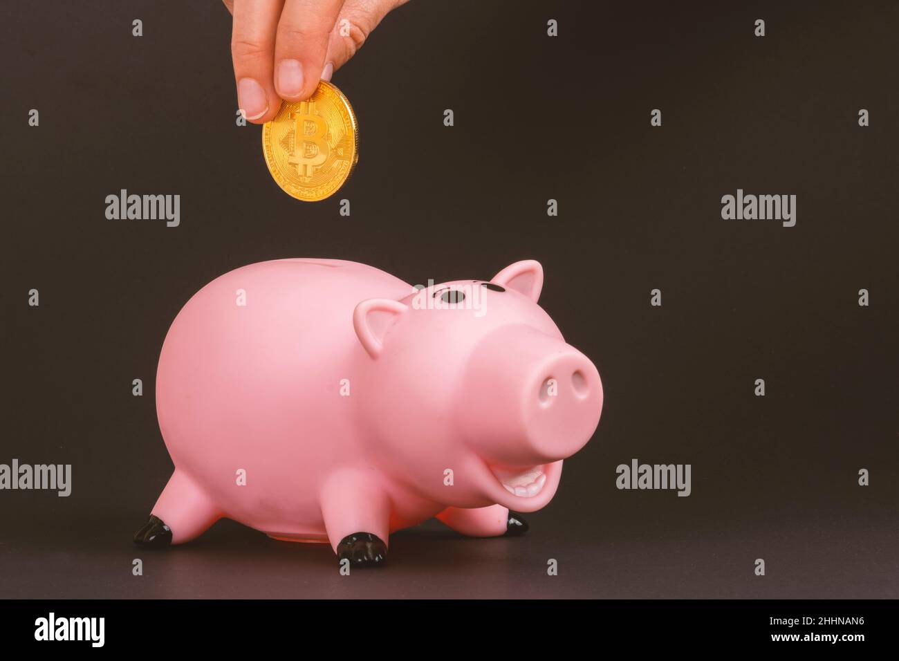 Digital Bitcoin Piggy Coin banca di salvataggio concetto: Mano umana che tiene Golden BTC cripto sopra rosa giocattolo plastica maialino scatola di denaro. Sfondo nero per il texting Foto Stock