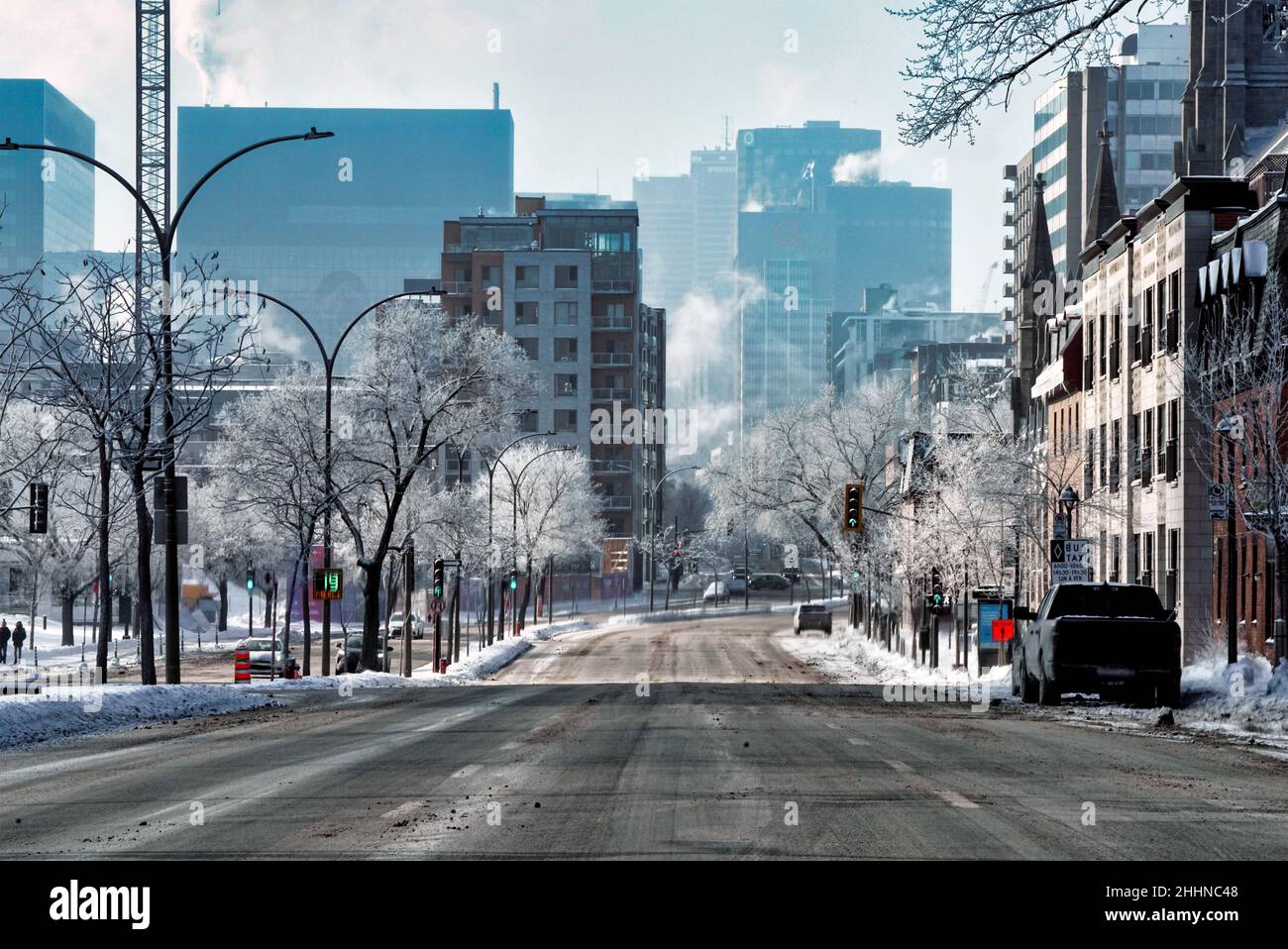 Città di Montreal, Quebec durante un'onda fredda invernale. Foto Stock