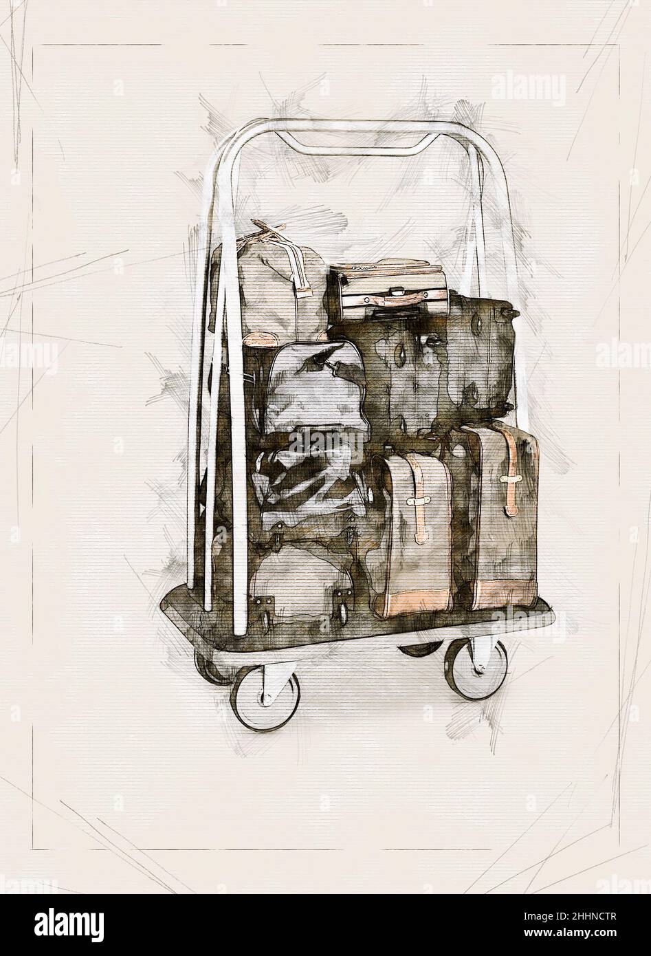 Illustrazione disegno di un carretto bagagli e di un bagaglio di lusso in hotel Foto Stock