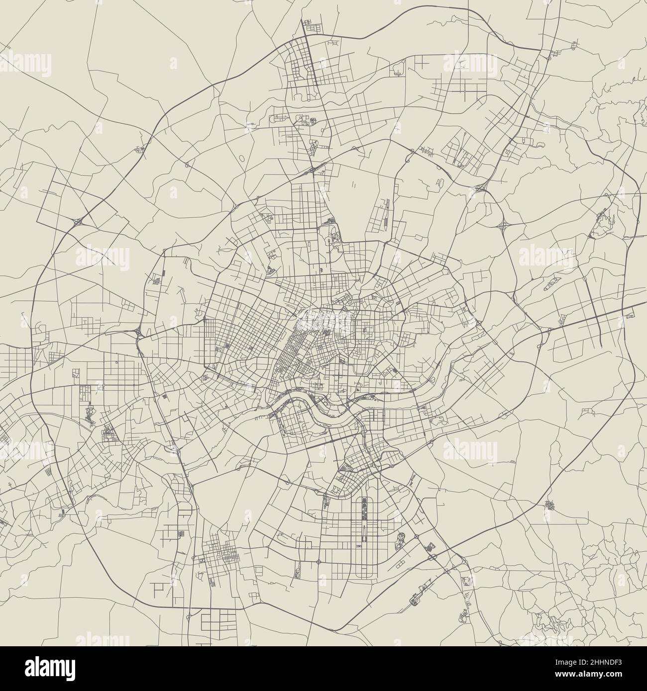 Mappa vettoriale del comune di Shenyang. Mappa della città di Sepia, area comunale, linee bianche. Panorama urbano per turismo. Illustrazione Vettoriale