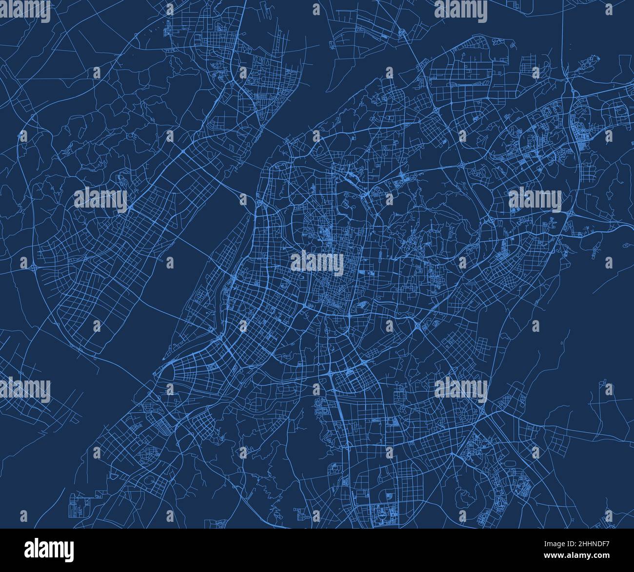 Mappa vettoriale del comune di Nanjing. Mappa della strada blu, area comunale, linee bianche. Panorama urbano per turismo. Illustrazione Vettoriale