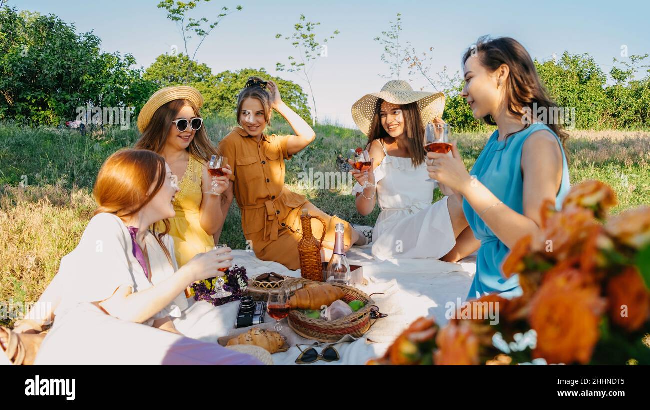 Giorno di Galentine. Festa di Slumber. Estate picnic Party Ideas, raduno all'aperto con gli amici. Giovani donne ragazza amici bere vino, ridere, divertirsi Foto Stock