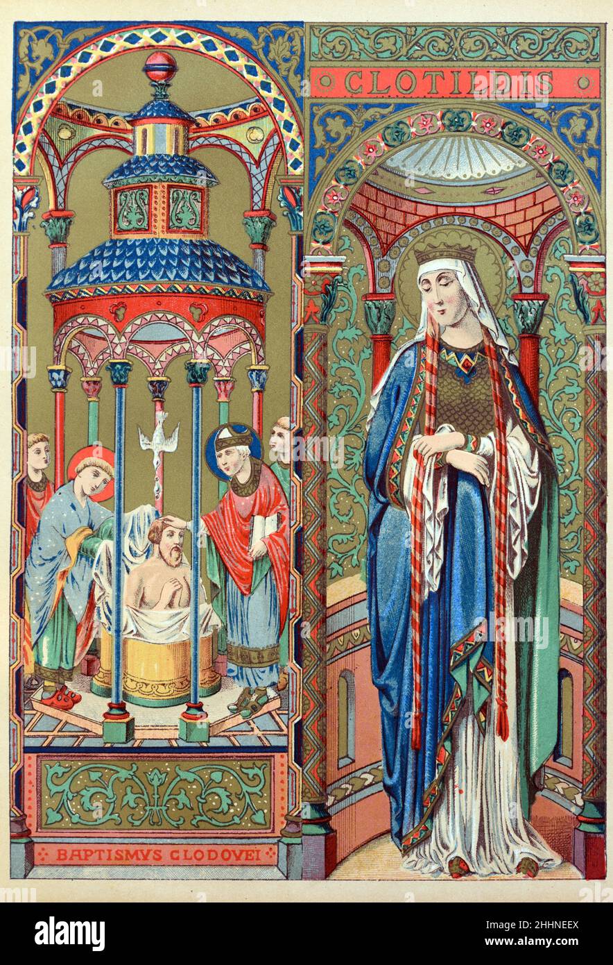 Santa Clotilde (c474-545) Regina di tutti i Franchi Francia & Battesimo di Re Clovis I. Chromolithograph 1887 Edizione della vita dei Santi di Butler. Foto Stock