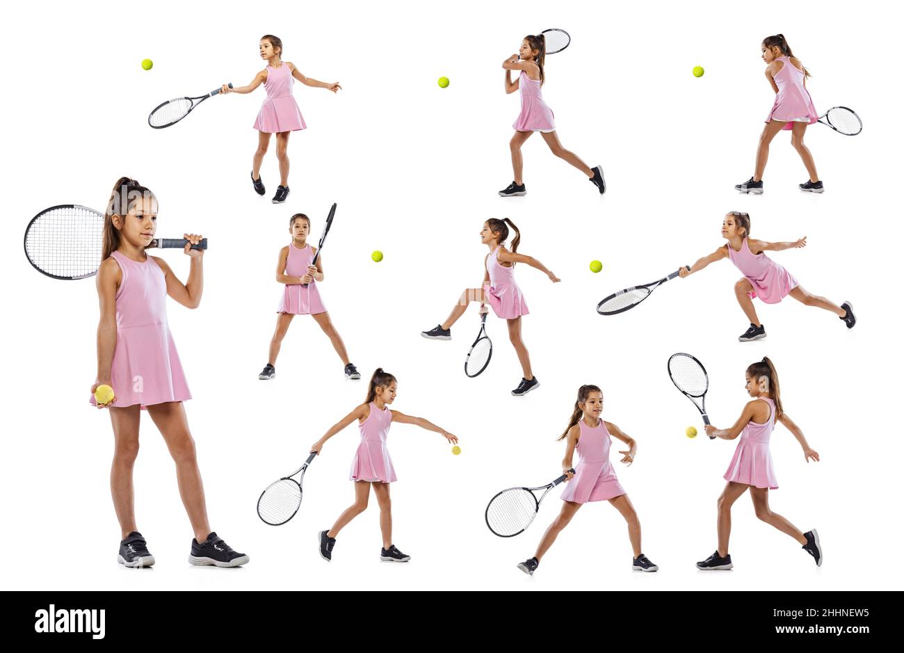 Avviamento. Collage con bambina, capretto, giocatore di tennis che gioca a tennis isolato su sfondo bianco. Stile di vita sano, sport, abilità e studio. Foto Stock