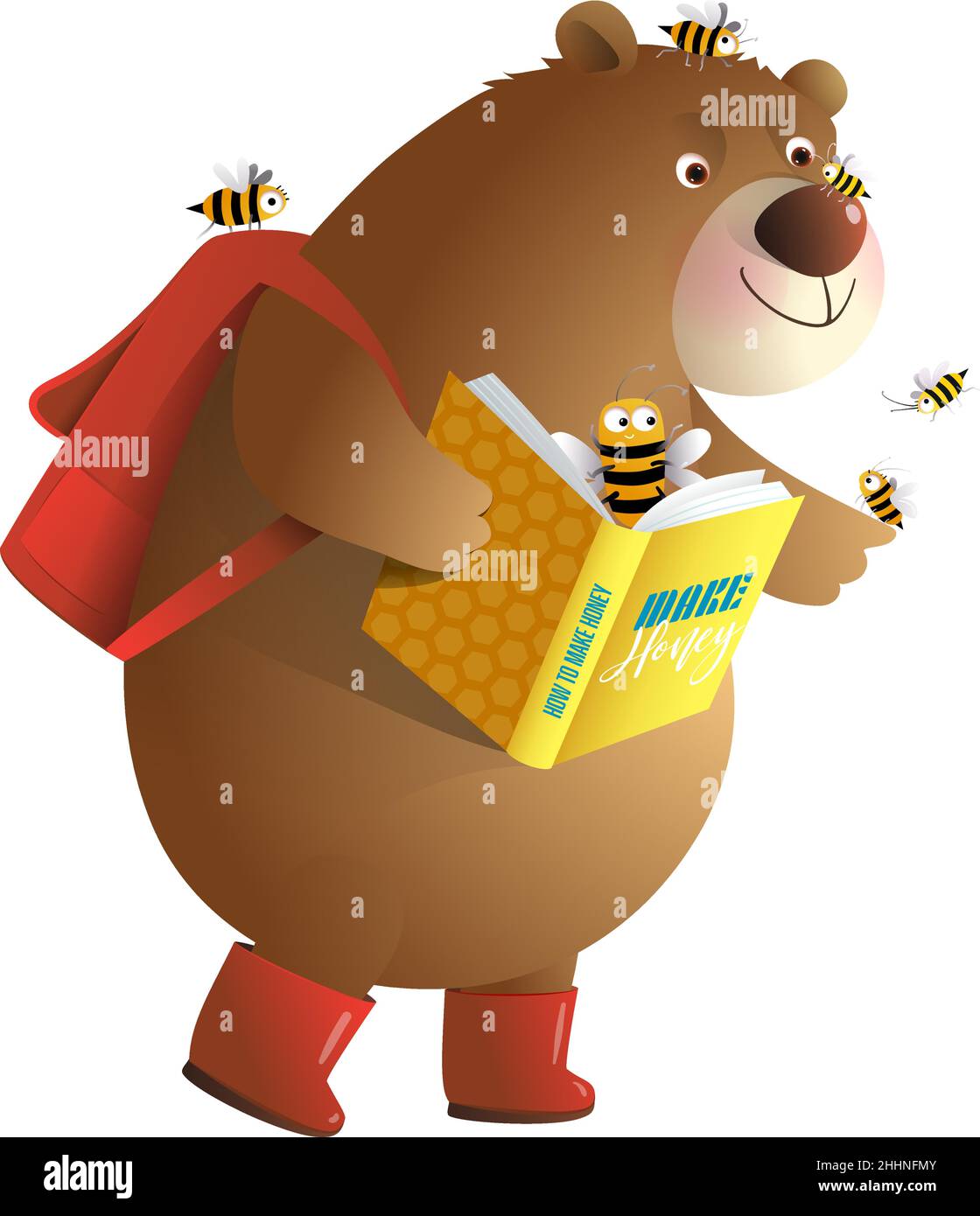 Bear leggere e studiare un libro con Bees clip isolato Illustrazione Vettoriale