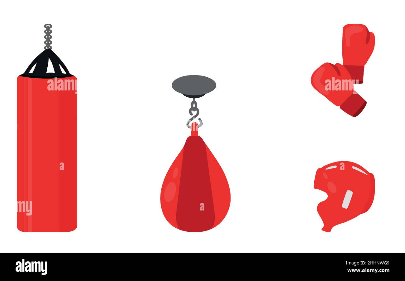 Set di attrezzature sportive per il pugilato. Casco, borse da punzonatura e guanti. Illustrazione Vettoriale