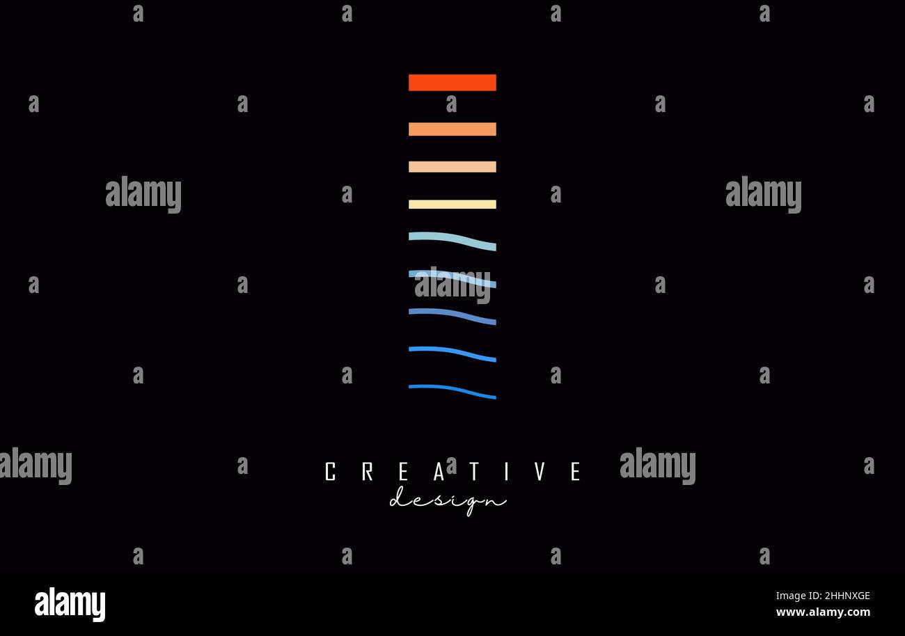 Logo lettera i con linee colorate diritte e a zig-zag. Illustrazione vettoriale con linee di colore del mare e del tramonto. Illustrazione Vettoriale