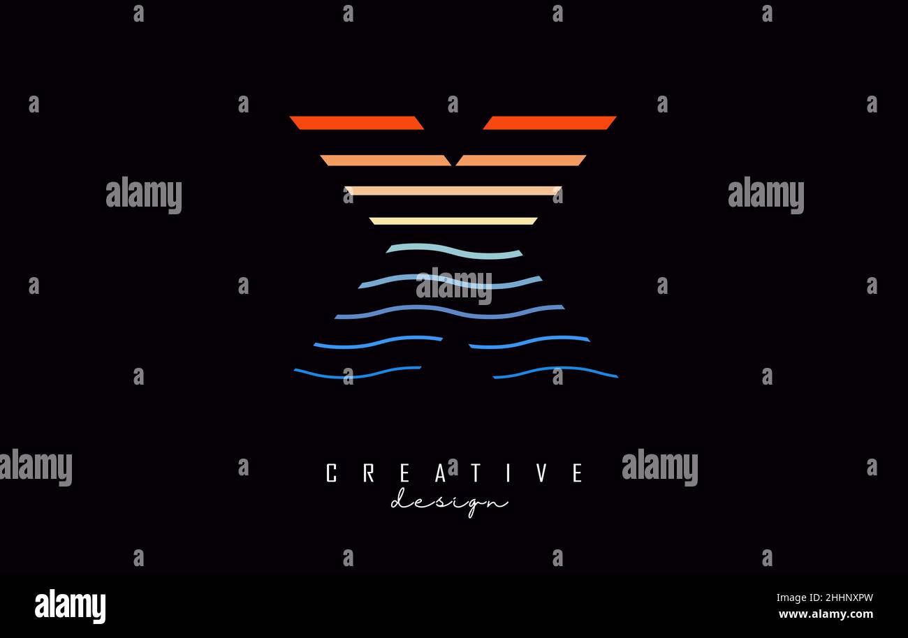 Logo Letter X con linee colorate diritte e a zig-zag. Illustrazione vettoriale con linee di colore del mare e del tramonto. Illustrazione Vettoriale