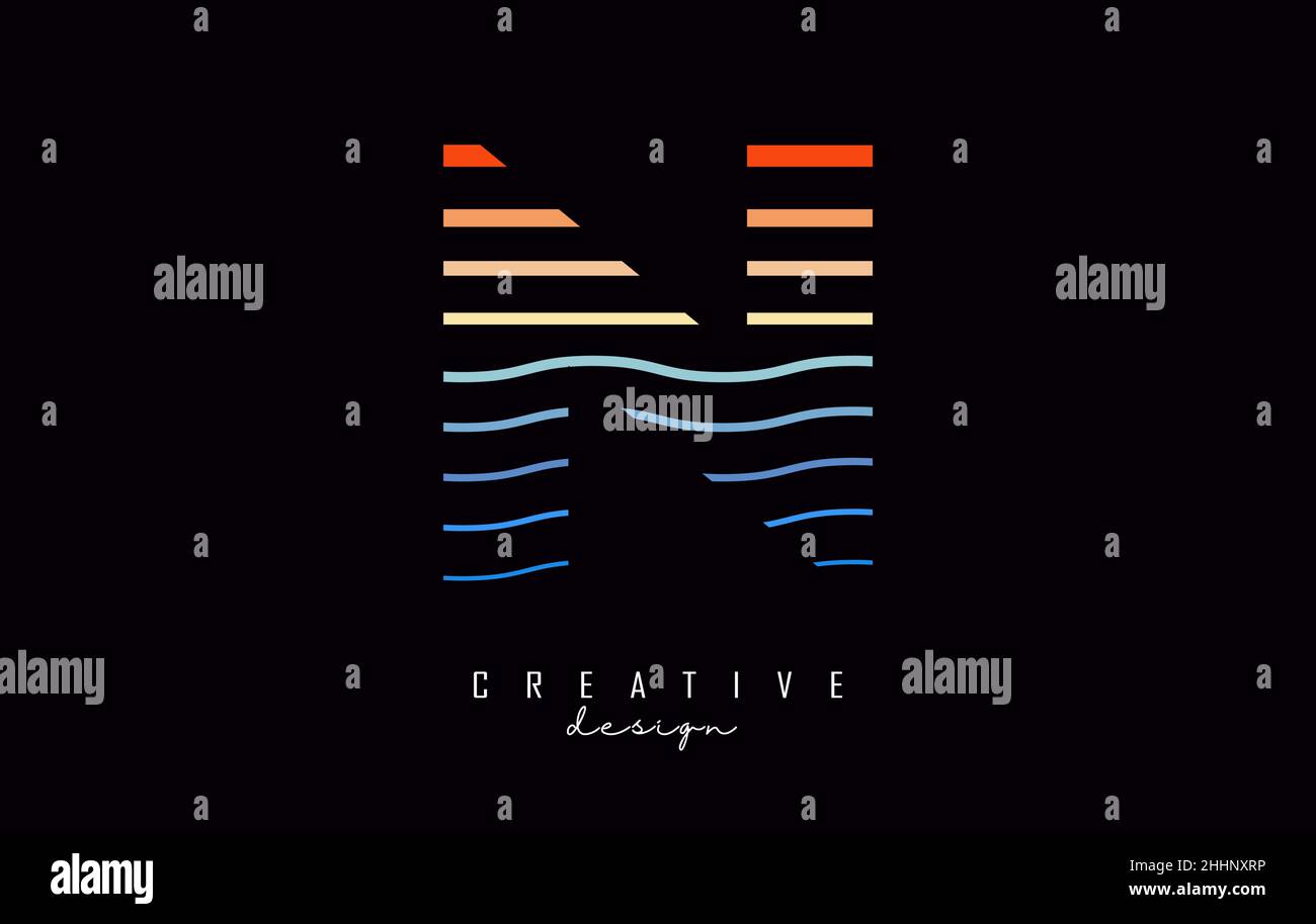 Logo lettera N con linee colorate diritte e a zig-zag. Illustrazione vettoriale con linee di colore del mare e del tramonto. Illustrazione Vettoriale