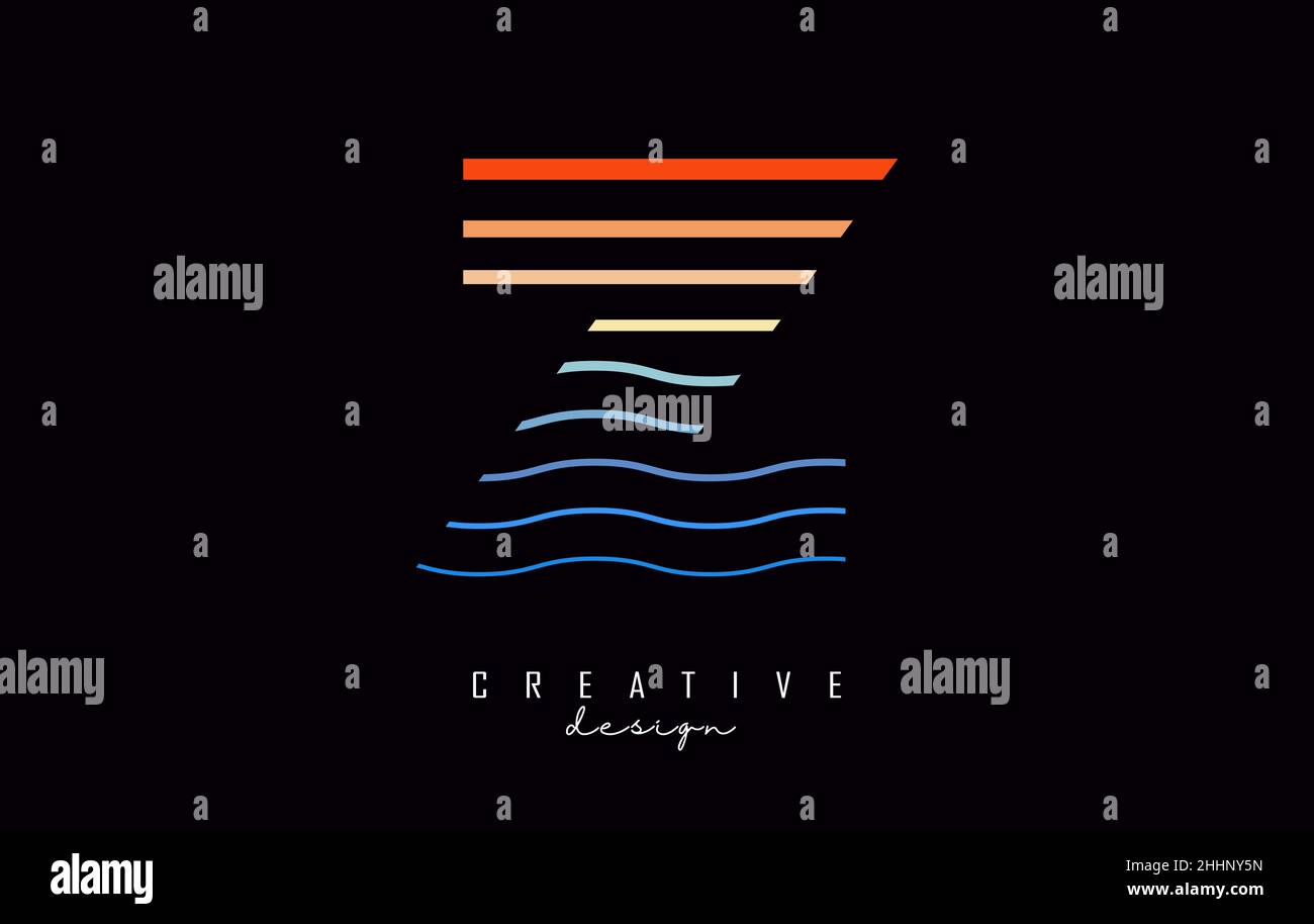 Logo lettera Z con linee colorate diritte e a zig-zag. Illustrazione vettoriale con linee di colore del mare e del tramonto. Illustrazione Vettoriale