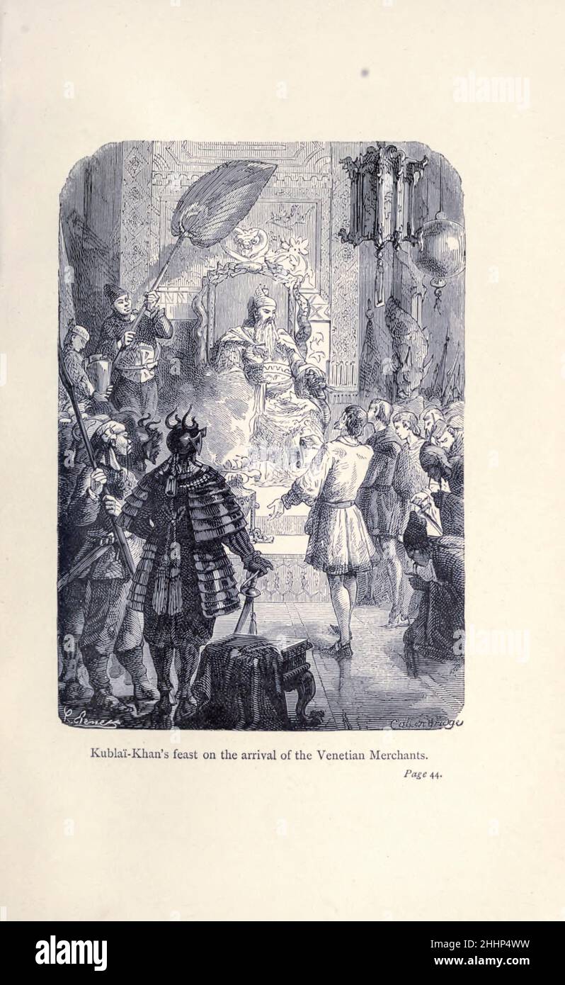 Festa di Kublai-Khan all'arrivo dei mercanti veneziani dall'esplorazione del mondo, celebrati viaggi e viaggiatori, celebrati viaggi di Jules Verne nonfiction. Pubblicato in tre volumi dal 1878 al 1880, i viaggi celebrati e viaggiatori è una storia degli esploratori e avventurieri che viaggiarono fino alle lontane aree del globo, scoprirono le meraviglie di terre esotiche e riempirono gli spazi vuoti sulla mappa del mondo. Con illustrazioni di L. Benet e P. Philippoteaux, Foto Stock