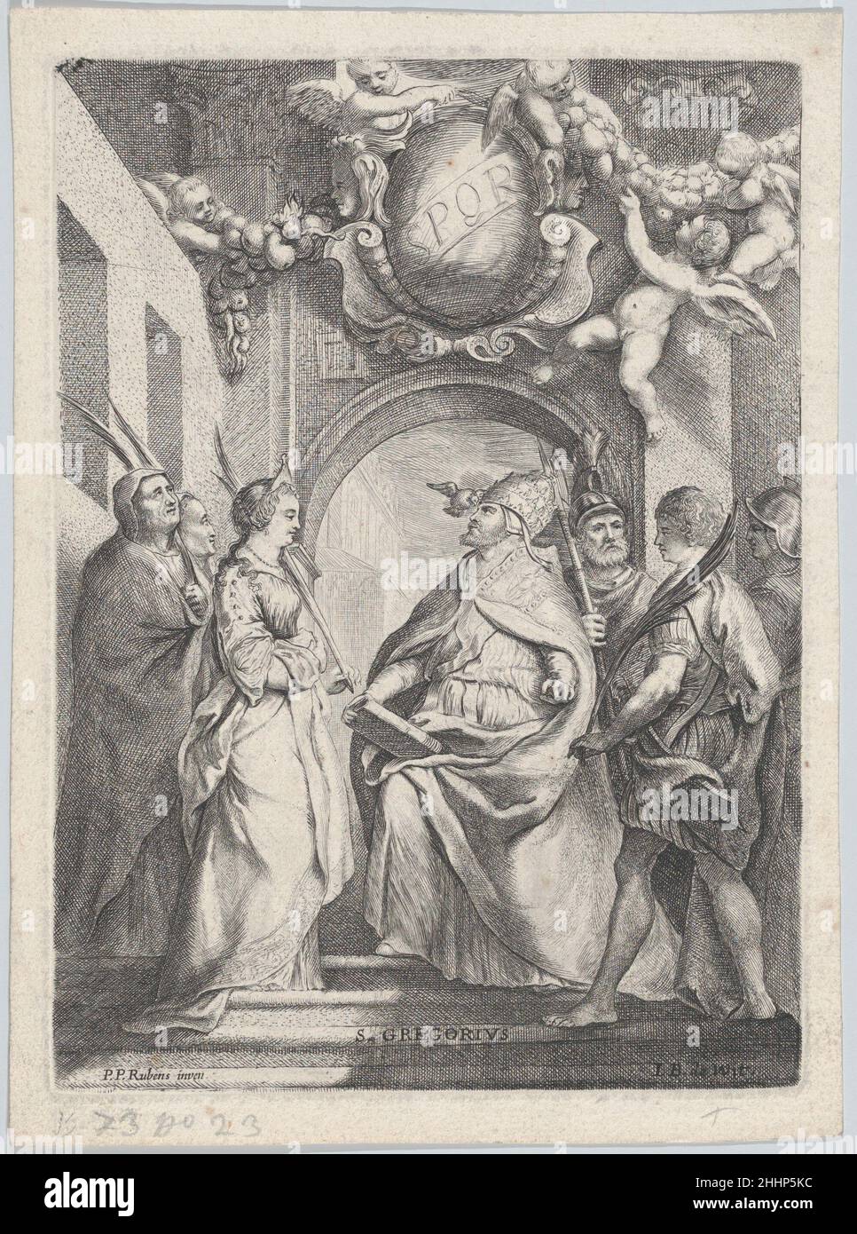 San Gregorio circondato da altri santi, di fronte ad un arco con putti che regge ghirlande sopra ca. 1711–54 Giacobbe de wit. San Gregorio circondato da altri santi, di fronte ad un arco con putti che regge ghirlande. Jacob de wit (olandese, Amsterdam 1695–1754 Amsterdam). CA. 1711–54. Attacco chimico; secondo stato di due. Stampa Foto Stock