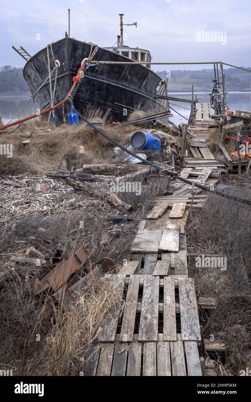 Una delle case galleggianti uniche ormeggiate di fronte al cantiere navale Appledore sull'estuario del fiume Torridge, accanto al Tarka Trail, in una mattinata fredda e colma Foto Stock