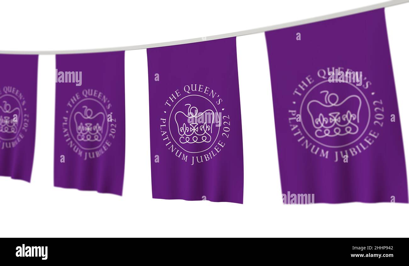 LONDRA, UK - Gennaio 2022: Logo emblema per la celebrazione del Giubileo del platino della Regina d'Inghilterra su una bandiera appesa. 3D rendering Foto Stock
