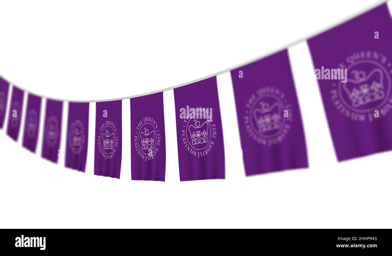 LONDRA, UK - Gennaio 2022: Logo emblema per la celebrazione del Giubileo del platino della Regina d'Inghilterra su una bandiera appesa. 3D rendering Foto Stock