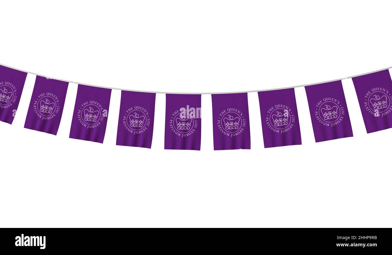 LONDRA, UK - Gennaio 2022: Logo emblema per la celebrazione del Giubileo del platino della Regina d'Inghilterra su una bandiera appesa. 3D rendering Foto Stock