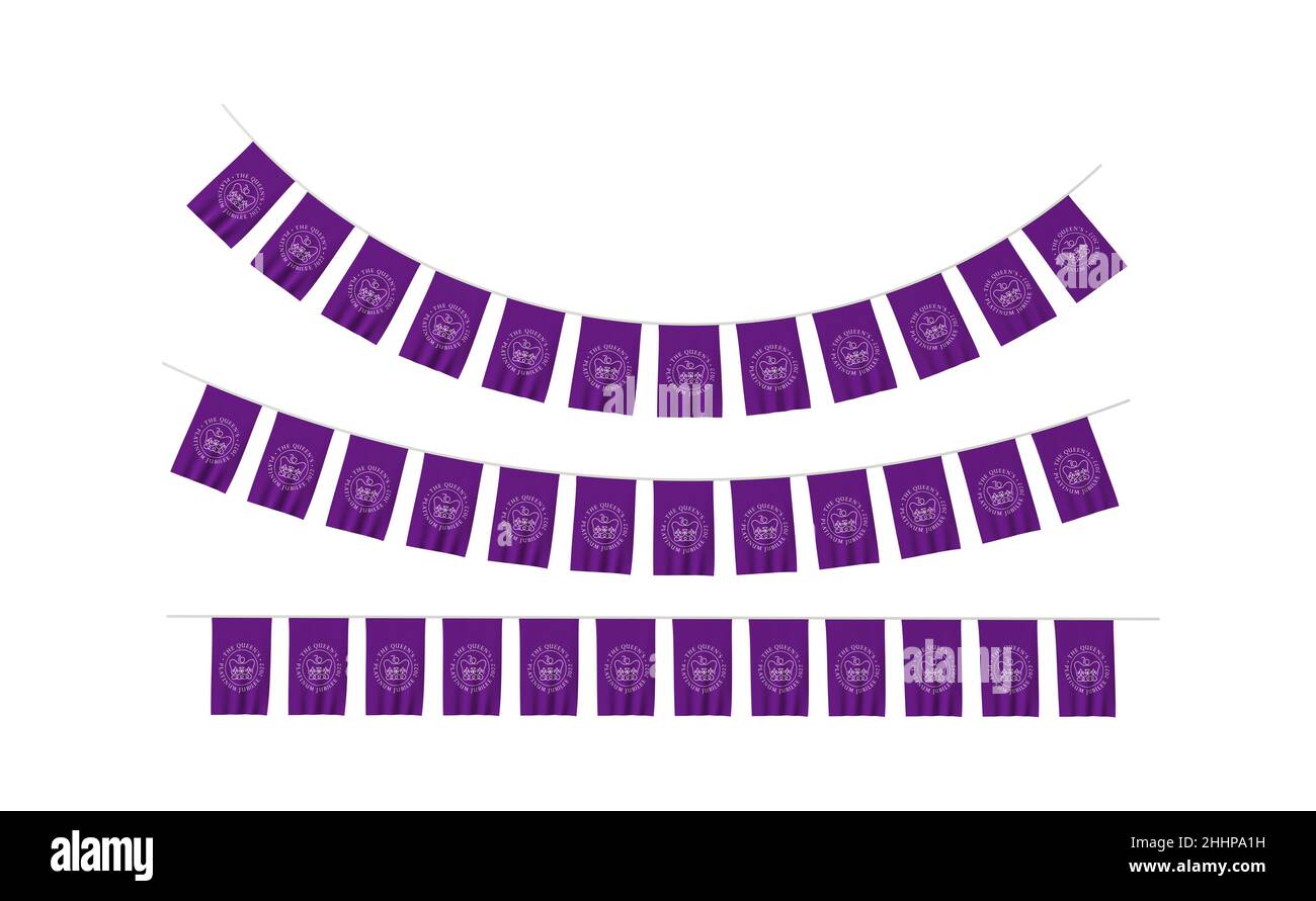 LONDRA, UK - Gennaio 2022: Logo emblema per la celebrazione del Giubileo del platino della Regina d'Inghilterra su una bandiera appesa. 3D rendering Foto Stock