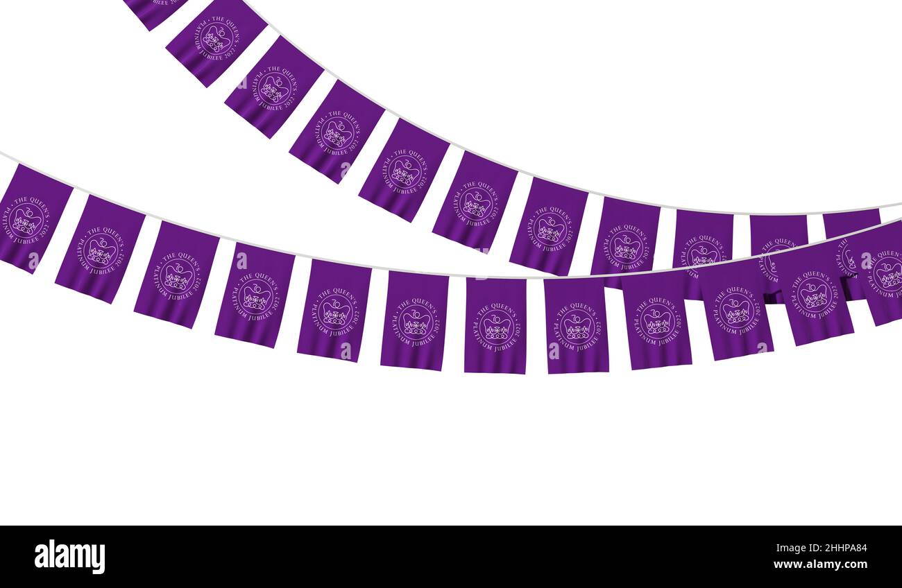 LONDRA, UK - Gennaio 2022: Logo emblema per la celebrazione del Giubileo del platino della Regina d'Inghilterra su una bandiera appesa. 3D rendering Foto Stock