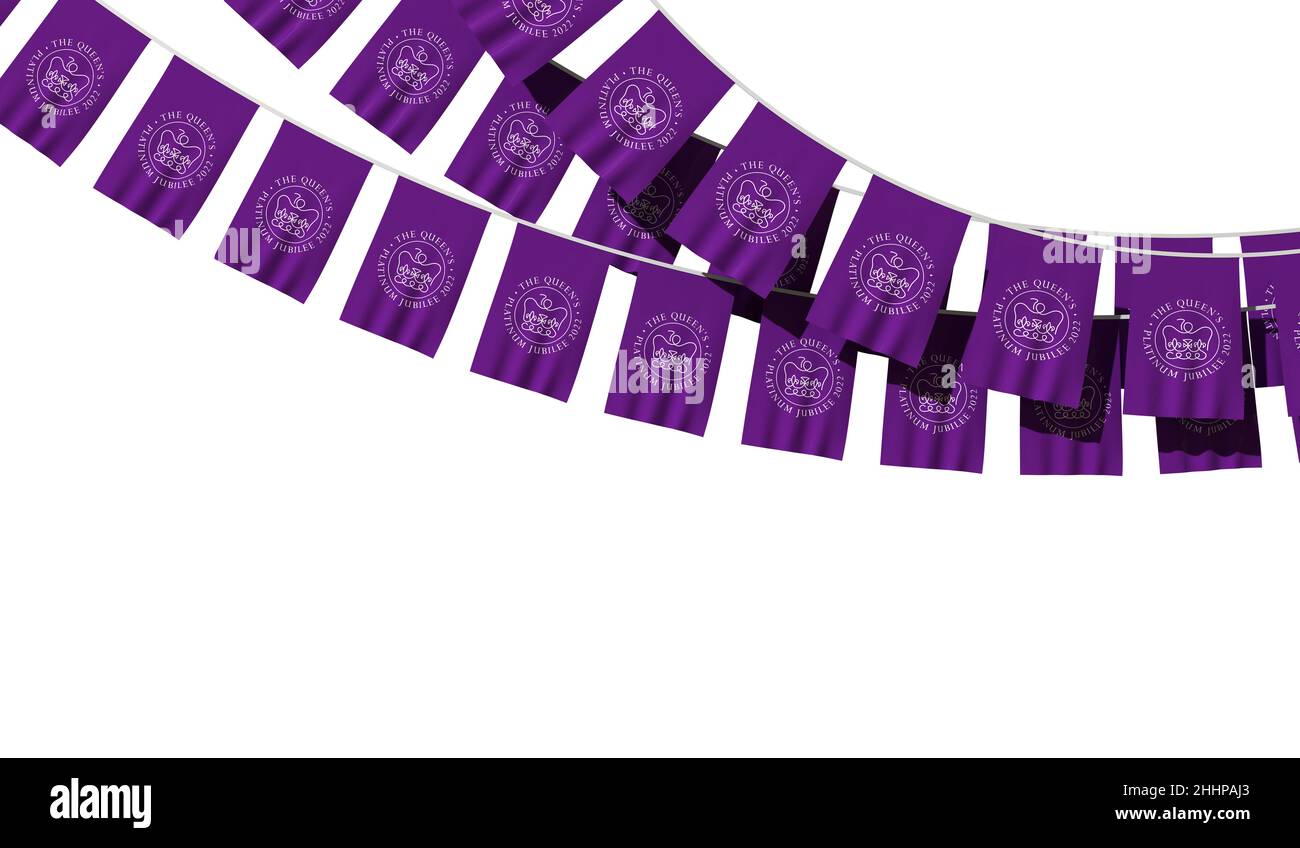 LONDRA, UK - Gennaio 2022: Logo emblema per la celebrazione del Giubileo del platino della Regina d'Inghilterra su una bandiera appesa. 3D rendering Foto Stock