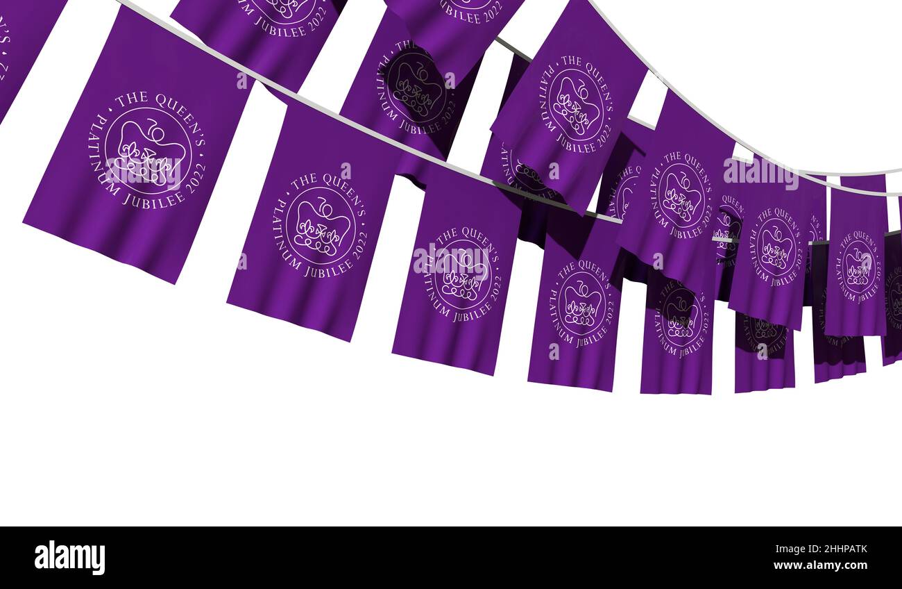 LONDRA, UK - Gennaio 2022: Logo emblema per la celebrazione del Giubileo del platino della Regina d'Inghilterra su una bandiera appesa. 3D rendering Foto Stock