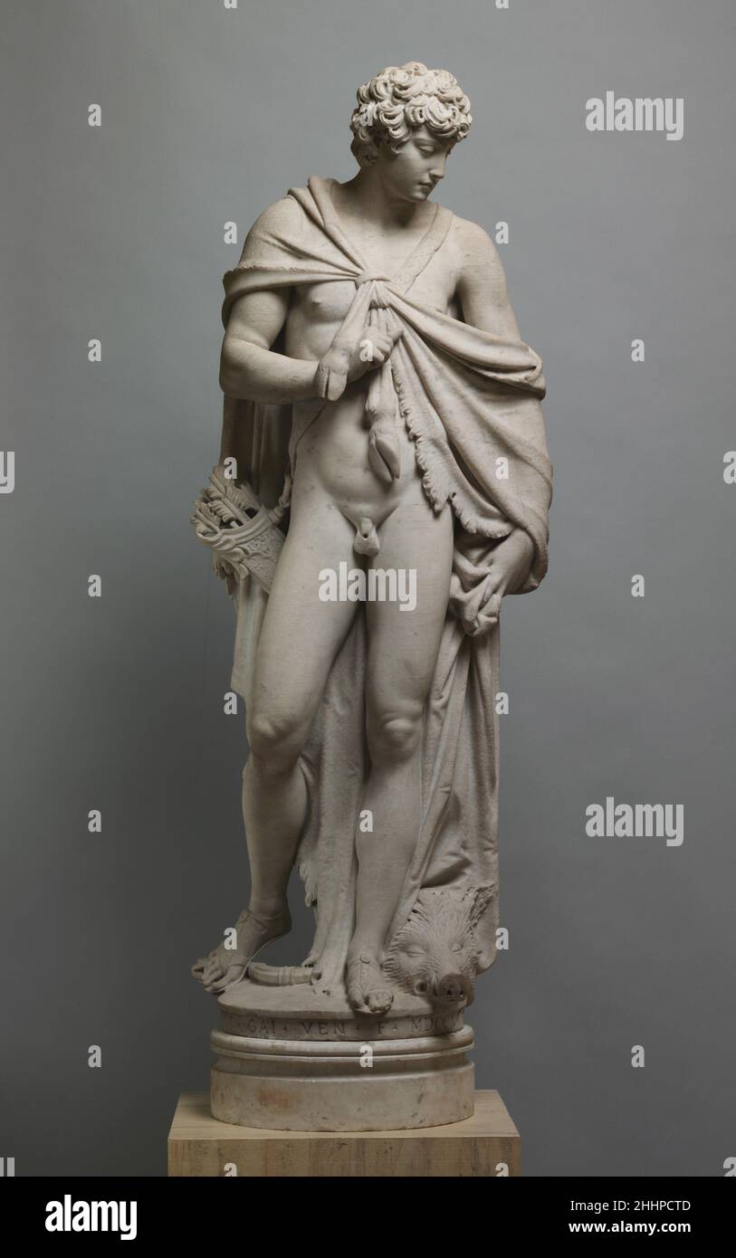 Meleager 1735 Antonio Gai Italiano il veneziano Antonio Gai ha una clientela internazionale. Secondo una cronaca contemporanea, statue di Gai degli amanti mitologici Atalanta e Meleager, così come un certo numero di busti, furono spedite in Inghilterra da Joseph Smith, il noto collezionista e console britannico a Venezia. Meleager. Antonio Gai (Italiano, Venezia 1686–1769 Venezia). Italiano, Venezia. 1735. Marmo. Scultura Foto Stock