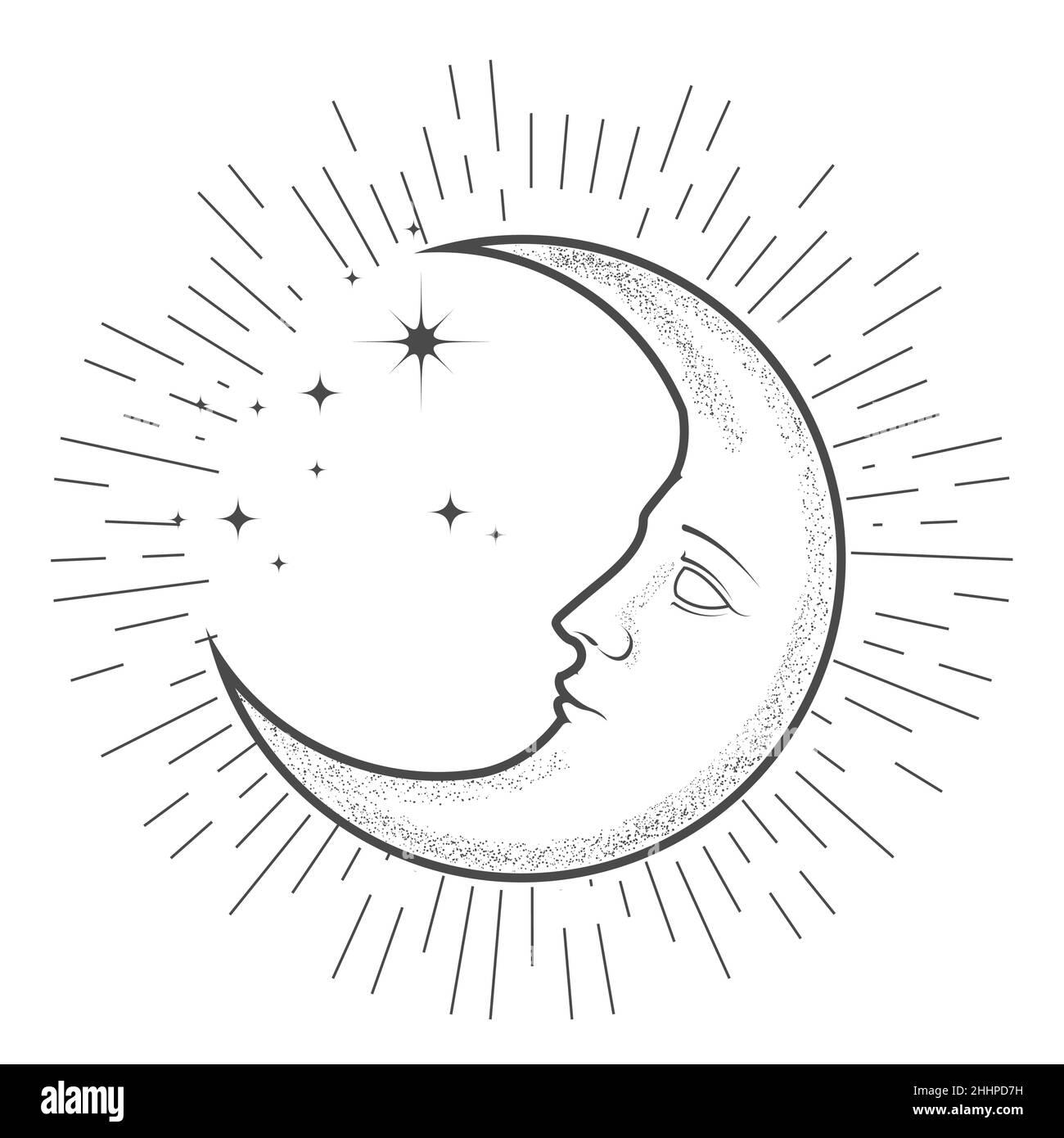 Mezzaluna mistica, nuova luna con volto, simbolo astrologico di spirituale ed esoterico, vettore Illustrazione Vettoriale