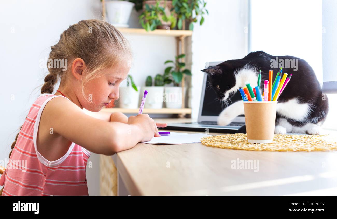 Scrittura o disegno del bambino nel taccuino. Un gatto bianco e nero disturba la ragazza dal fare i suoi compiti. Ragazza carina caucasica che fa i compiti a casa, accanto a. Foto Stock