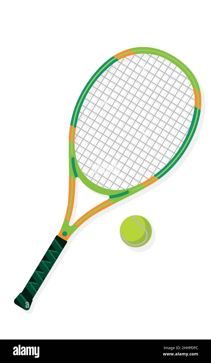 Racchetta da tennis colorata con una palla da tennis gialla su sfondo bianco. Attrezzatura sportiva. Illustrazione Vettoriale