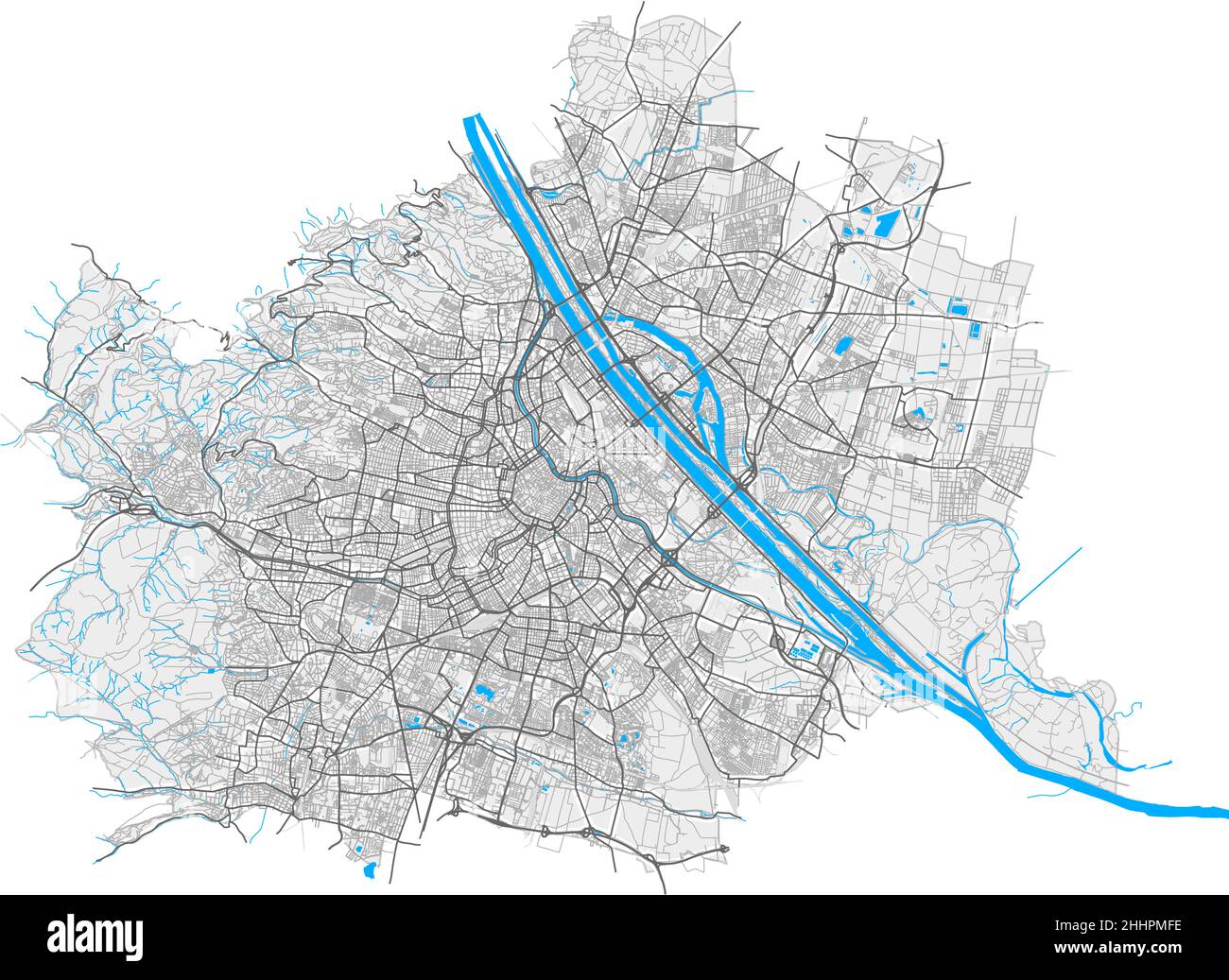 Vienna, Austria mappa vettoriale ad alta risoluzione con confini della città e percorsi modificabili. Contorni bianchi per le strade principali. Molti percorsi dettagliati. Il blu forma un Illustrazione Vettoriale