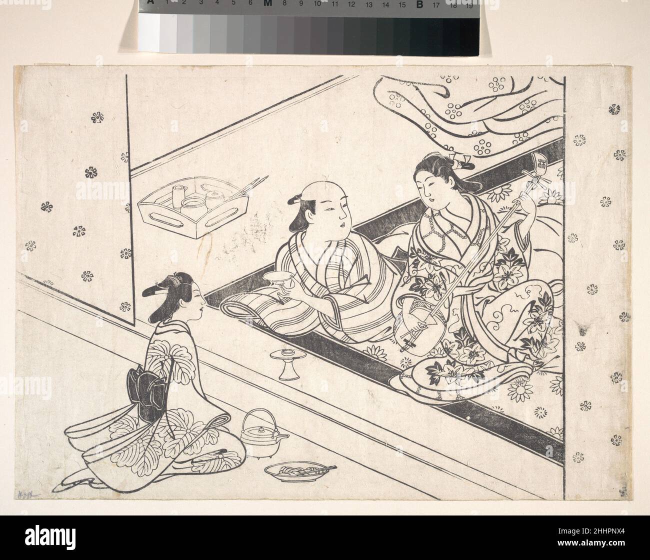 Lady Playing Shamisen, con il suo amante e Attendant vicino Nishikawa Sukenobu giapponese. Lady Playing Shamisen, con il suo amante e Attendant vicino 55750 Foto Stock