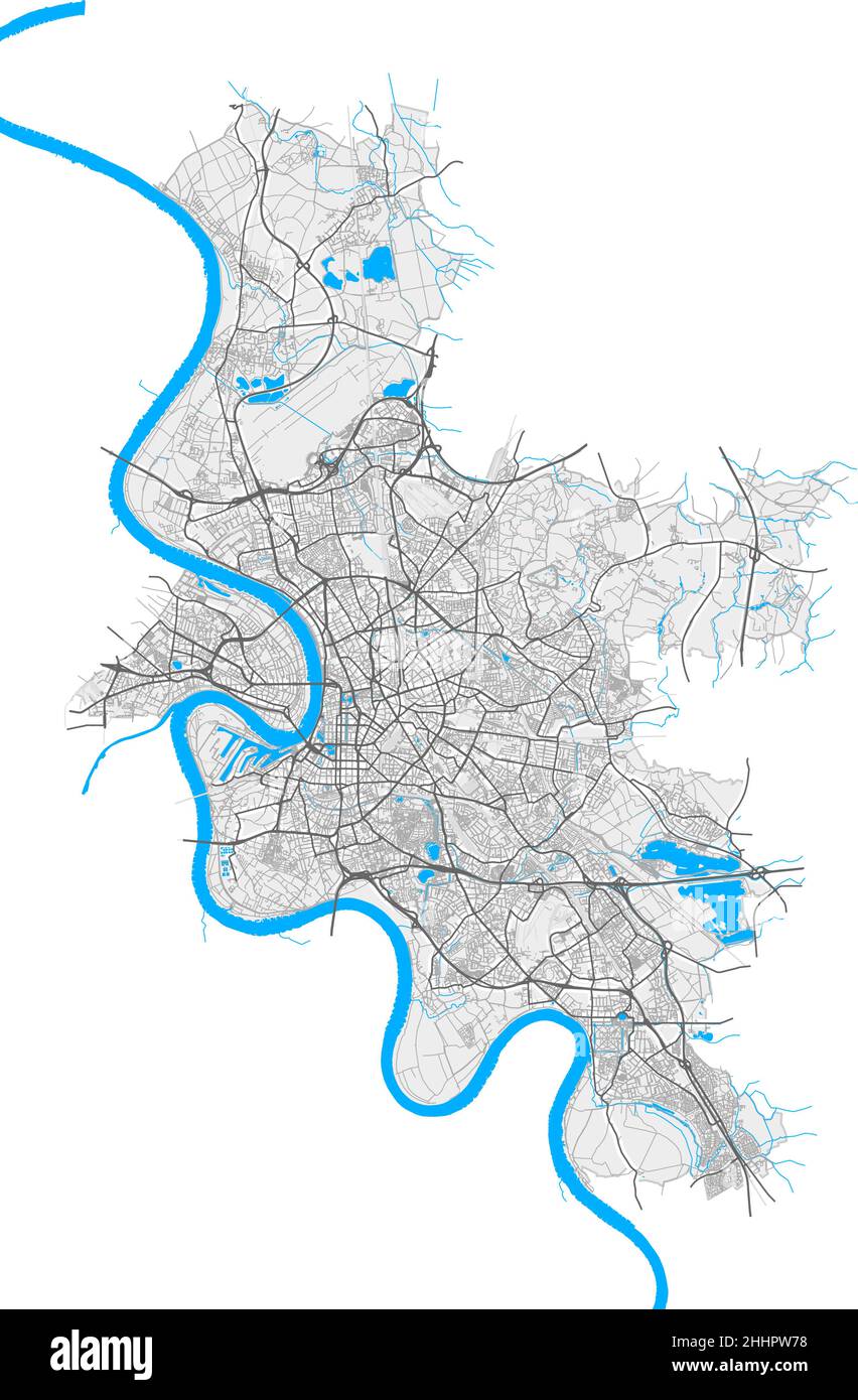 Dusseldorf, Renania settentrionale-Vestfalia, Germania mappa vettoriale ad alta risoluzione con confini della città e percorsi modificabili. Contorni bianchi per le strade principali. Molti de Illustrazione Vettoriale