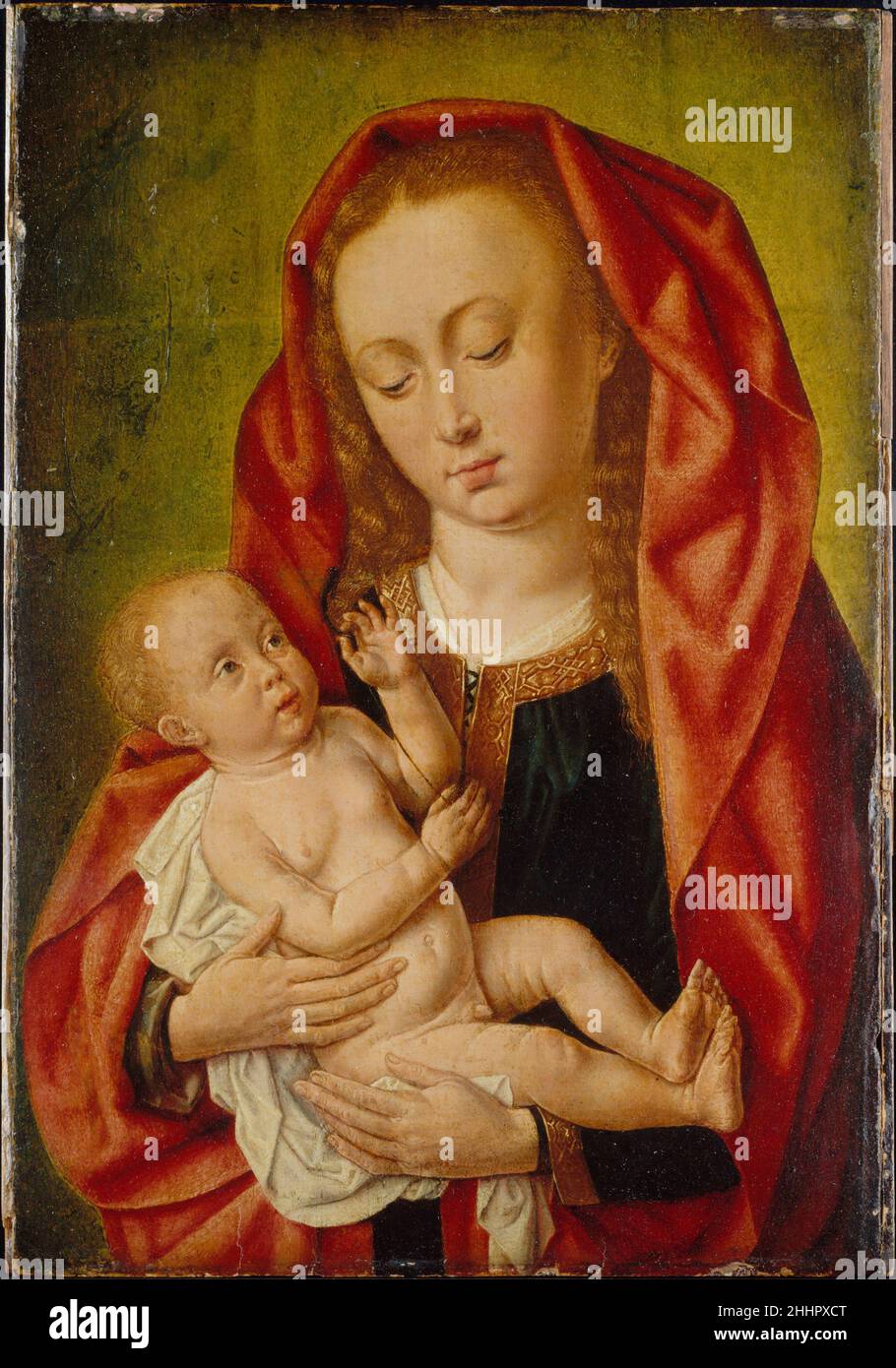 Vergine e Bambino con una Dragonfly ca. 1500 Maestro di Santa Giles Netherlandish/francese Maria, l'immagine di una radianza serena, guarda giù al suo bambino mentre tiene delicatamente un filo, che esso stesso intrappola una libellula. Rafforzando ulteriormente la cattività dell'insetto, Cristo usa il pollice e l'indice per intrappolare la creatura alata, che è stata intesa come un simbolo del diavolo per gli spettatori contemporanei. Il dipinto funge così da richiamo al trionfo di Cristo su Satana e alla sua offerta di salvezza attraverso la sua incarnazione, morte e risurrezione. Lo sfondo verde è un'aggiunta successiva al Foto Stock