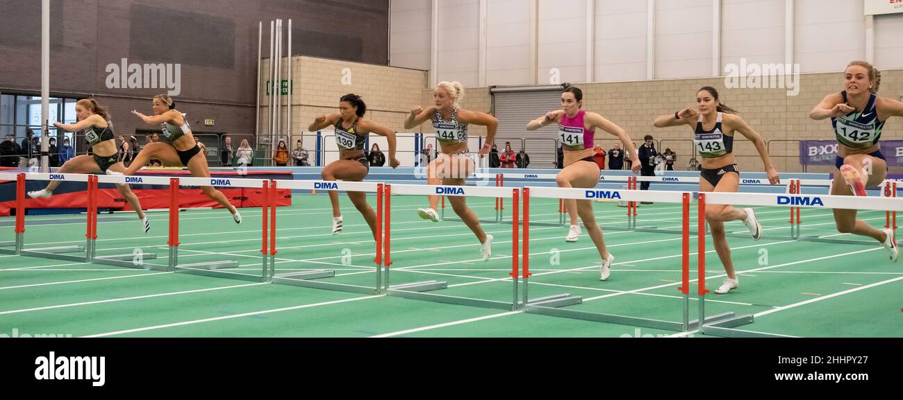 MANCHESTER - INGHILTERRA 23 GENNAIO 22: Jenna Blundell, Megan Marrs, Emma Nwofor, Alicia Barrett, Sarah Lavin, Heather Paton, Kate Doherty e mette Graverg Foto Stock