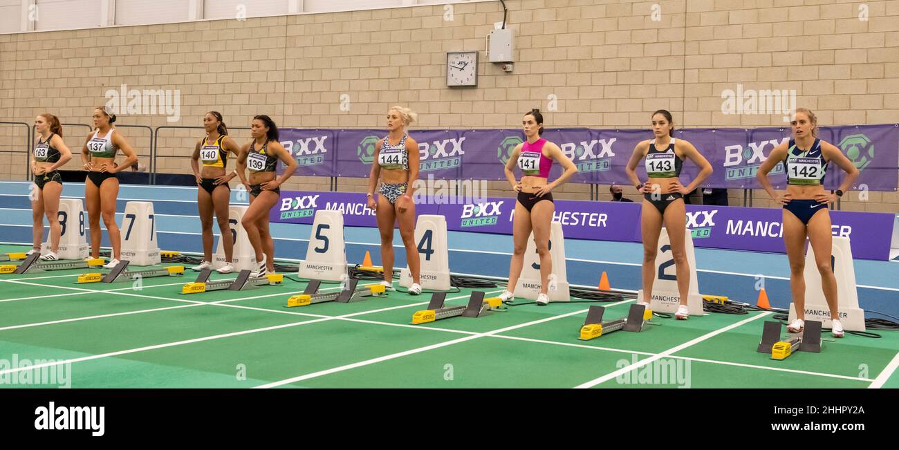 MANCHESTER - INGHILTERRA 23 GENNAIO 22: Jenna Blundell, Megan Marrs, Emma Nwofor, Alicia Barrett, Sarah Lavin, Heather Paton, Kate Doherty e mette Graverg Foto Stock