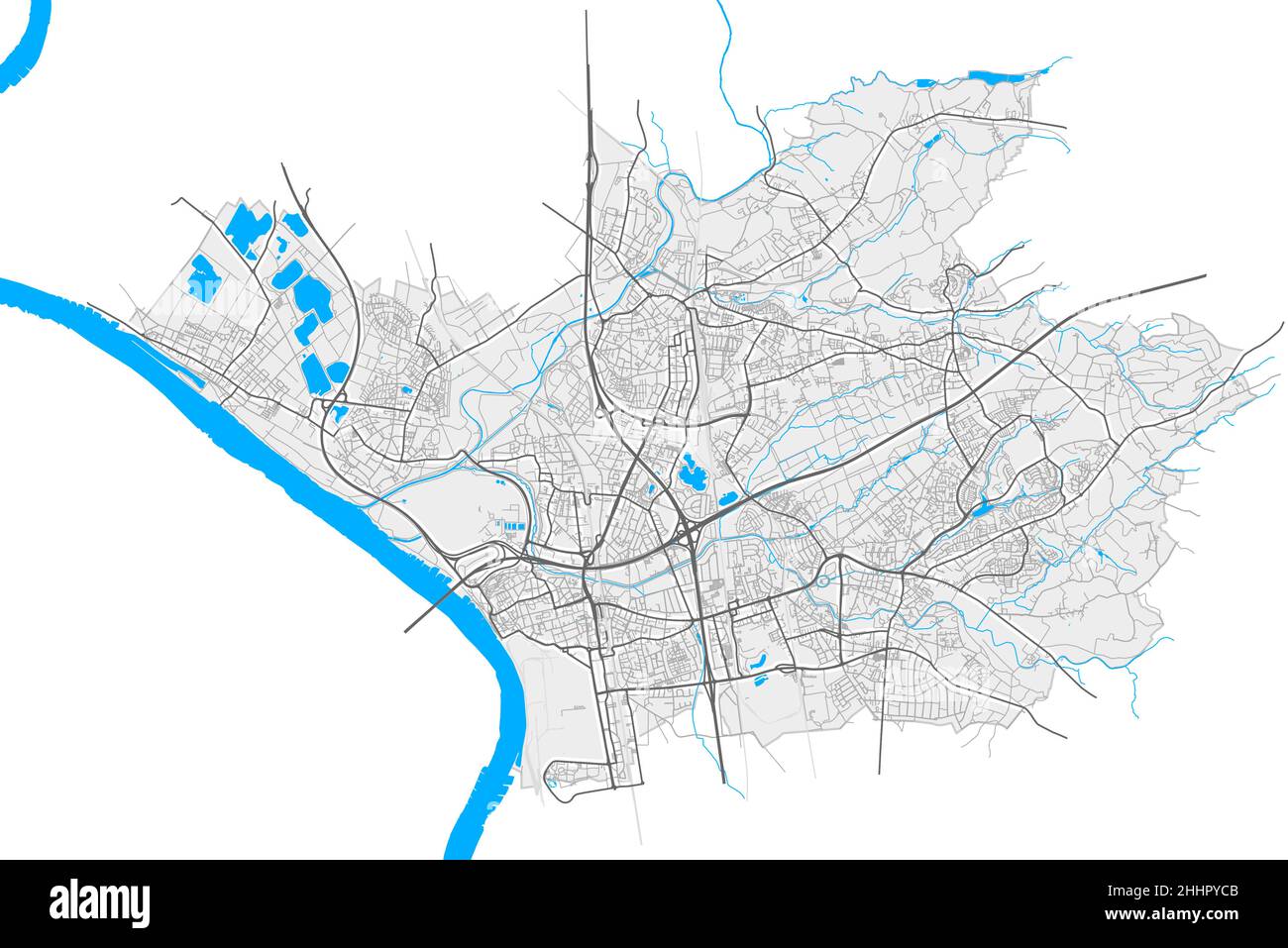 Leverkusen, Renania settentrionale-Vestfalia, Germania mappa vettoriale ad alta risoluzione con confini della città e percorsi modificabili. Contorni bianchi per le strade principali. Molti de Illustrazione Vettoriale