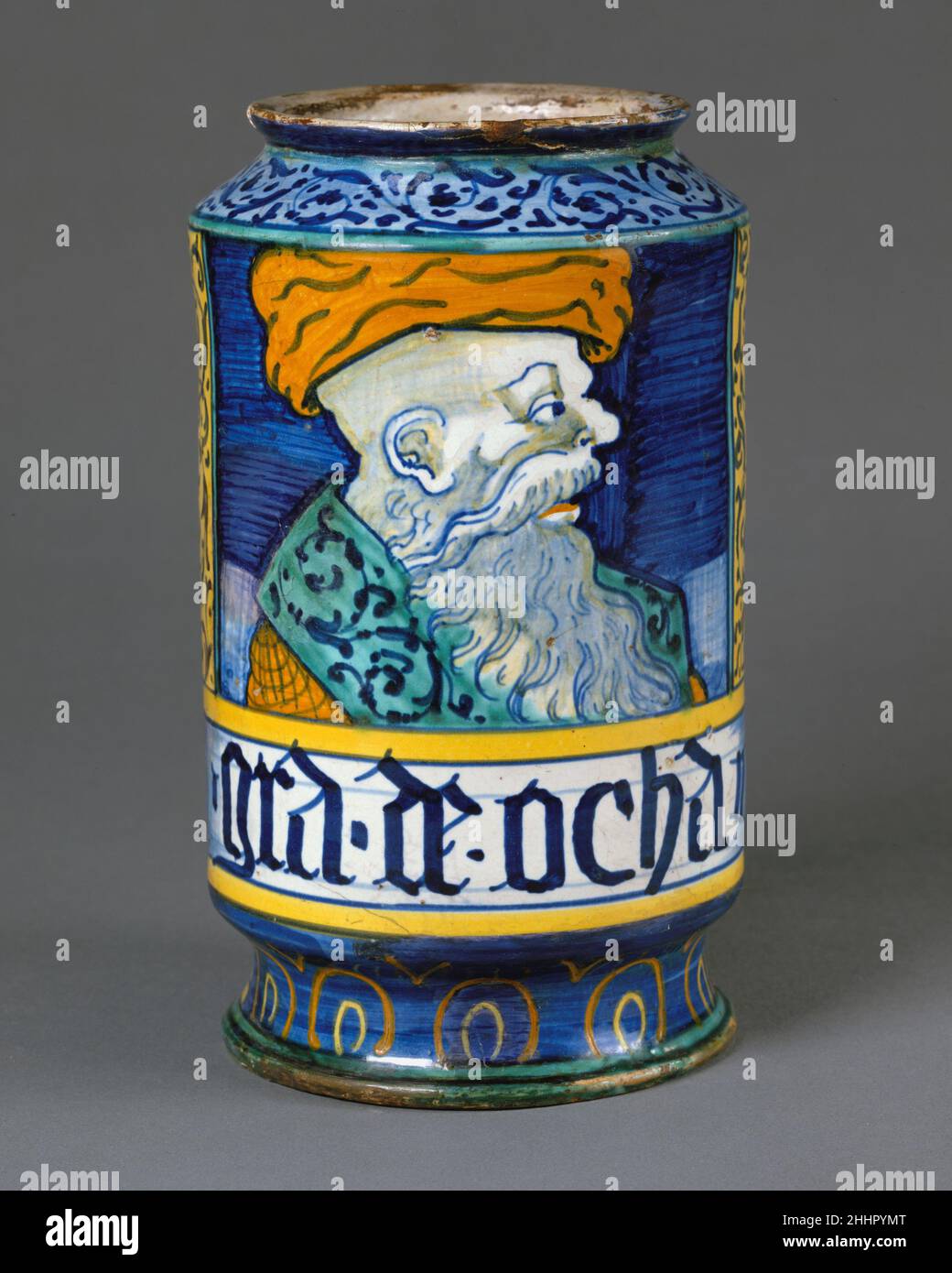 Vaso di aparecaria (albarello) ca. 1530–40 Italiano, Castelli. Vaso di aparecaria (albarello). Italiano, Castelli. Ca. 1530–40. Maiolica (terracotta stagnata). Ceramica-ceramica Foto Stock