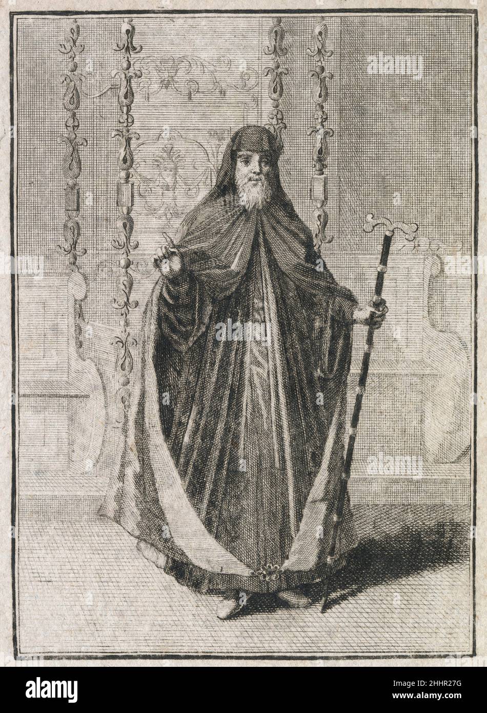 Incisione antica del 17th secolo, 'un Patriarca dei Greci' (Ein Patriarca derer Griechen) di Johann Christoph Weigel, noto come Christoph Weigel il Vecchio (1654-1725). FONTE: INCISIONE ORIGINALE Foto Stock