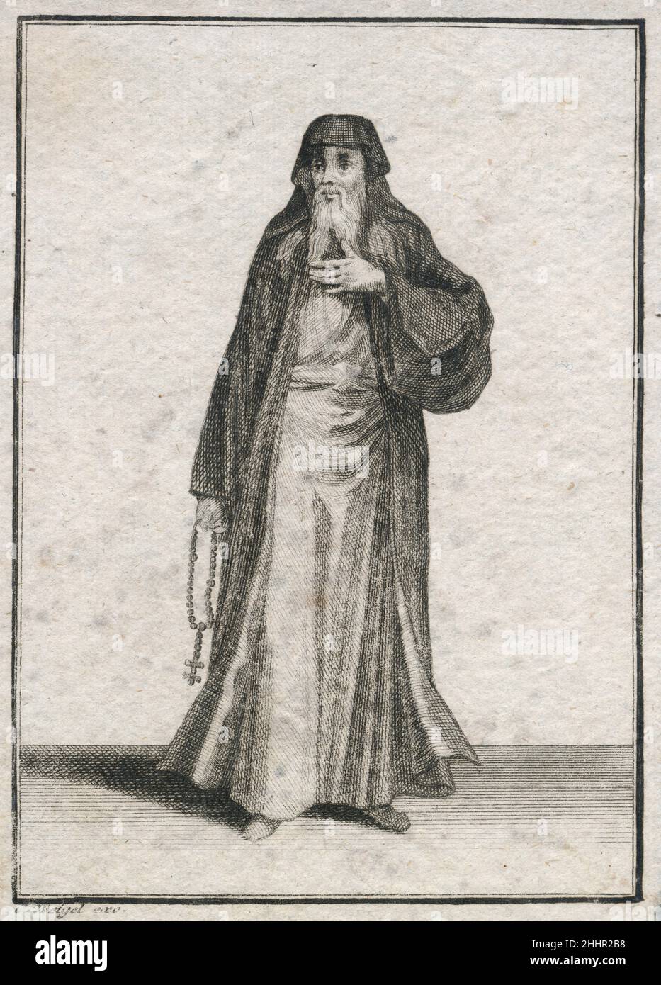Incisione antica del 17th secolo, 'un prete greco' (Ein Griechischer Priester) di Johann Christoph Weigel, noto come Christoph Weigel il Vecchio (1654-1725). FONTE: INCISIONE ORIGINALE Foto Stock